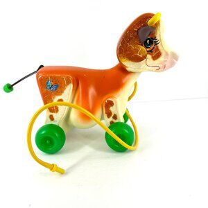 Vintage Fisher Price MOO Cow Pull Toy Preschool Rolling Nostalgic